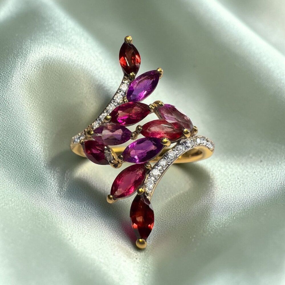 10K Gold Natural Garnet & Purple Amethyst Leaf Vine Bypass Ring -Sz 7 -Marquise